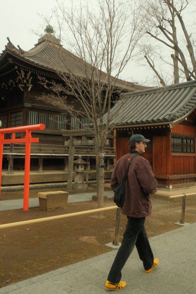 Man walking in front of shrine in Tokyo, Japan