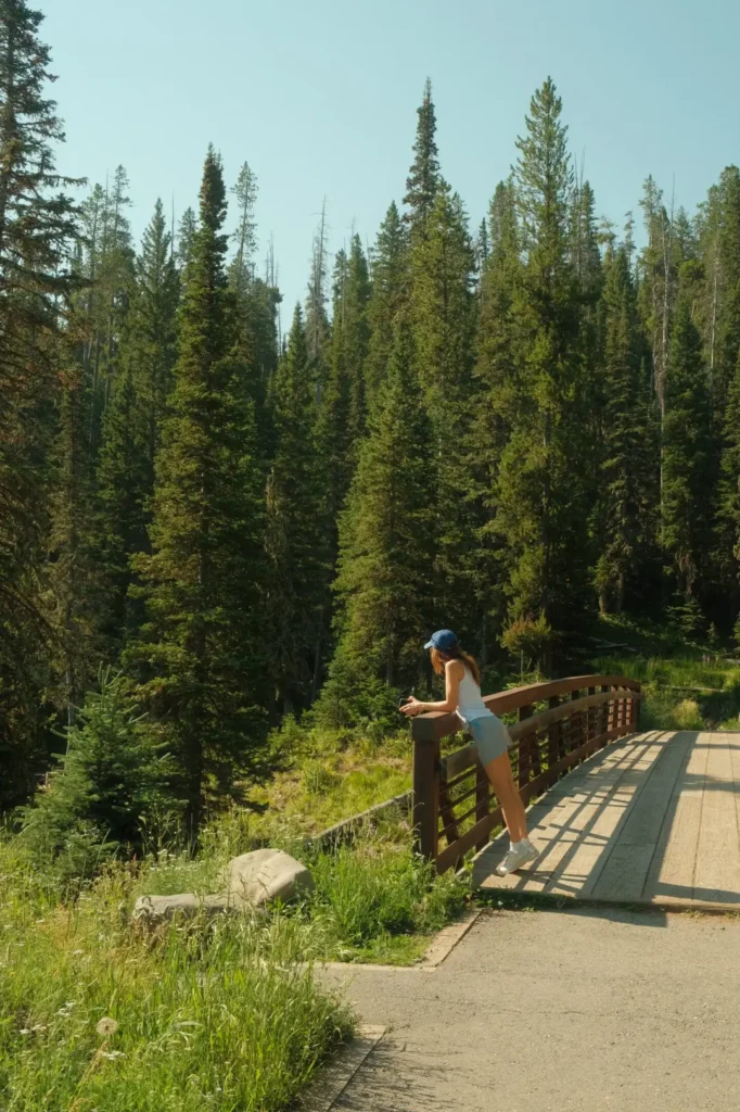 Woman standing on bridge, surrounded by trees at Hyalite Reservoir, near Bozeman, Montana