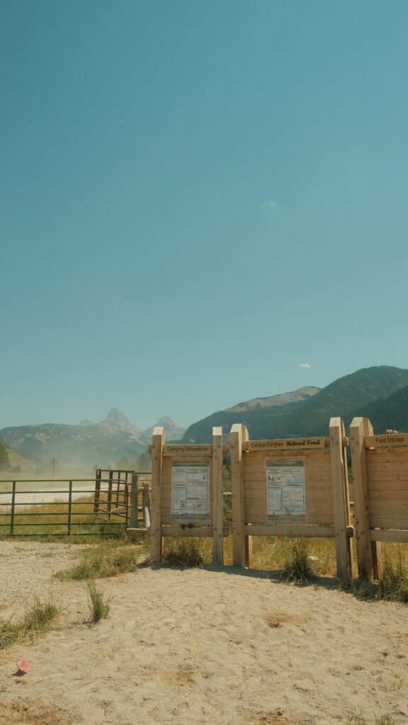 trailhead sign overlooking the Teton mountain range near Driggs, Idaho 