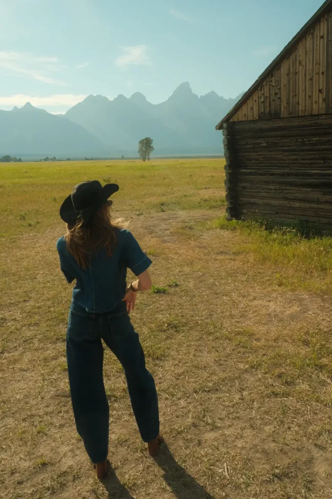 Girl in cowboy hat. Grand Teton National Park, Mormon Row. Jackson, Wyoming