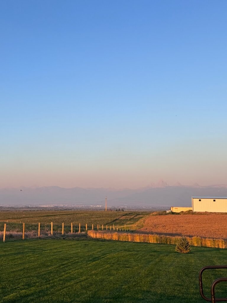 Field and mountain view from outside the Airbnb in Driggs, Idaho