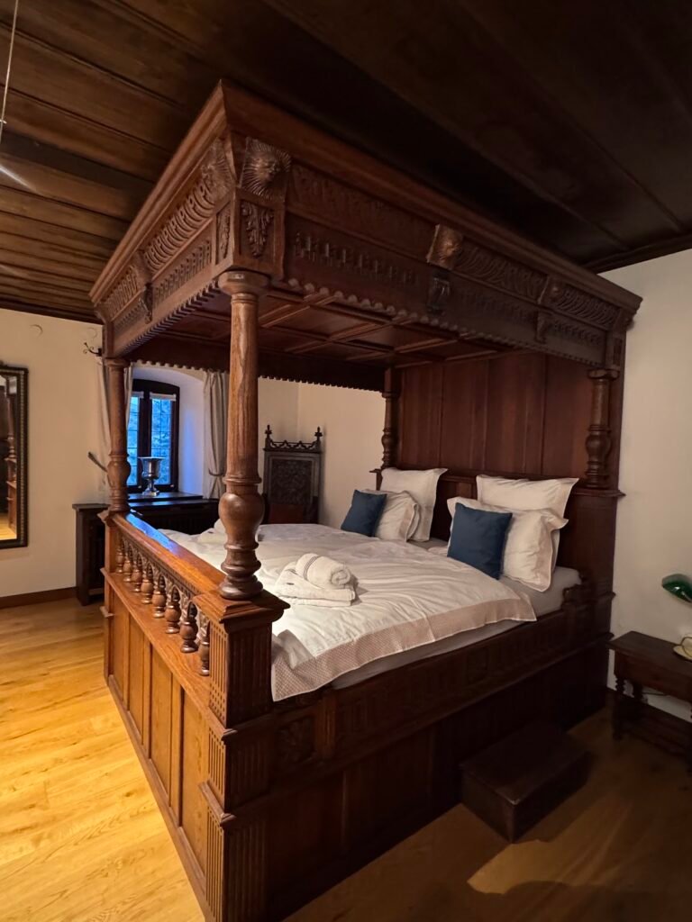 Bed at Burg Gutenfels hotel in the Rhine River Valley, Germany