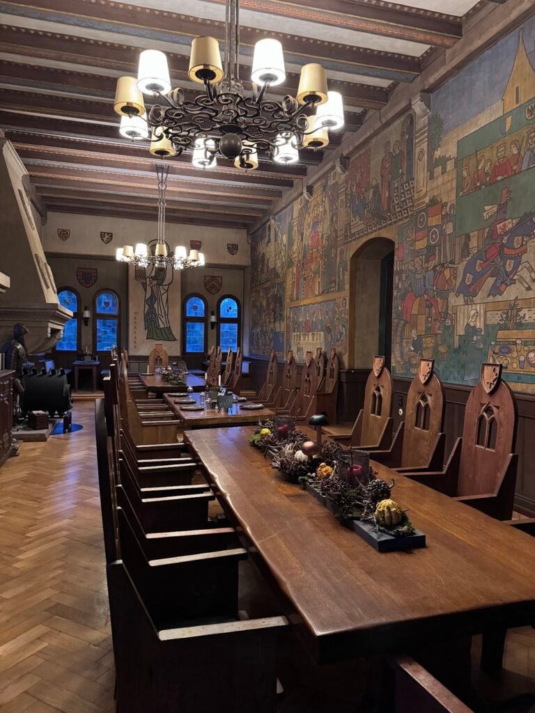 Dining room at Burg Gutenfels hotel in the Rhine River Valley, Germany